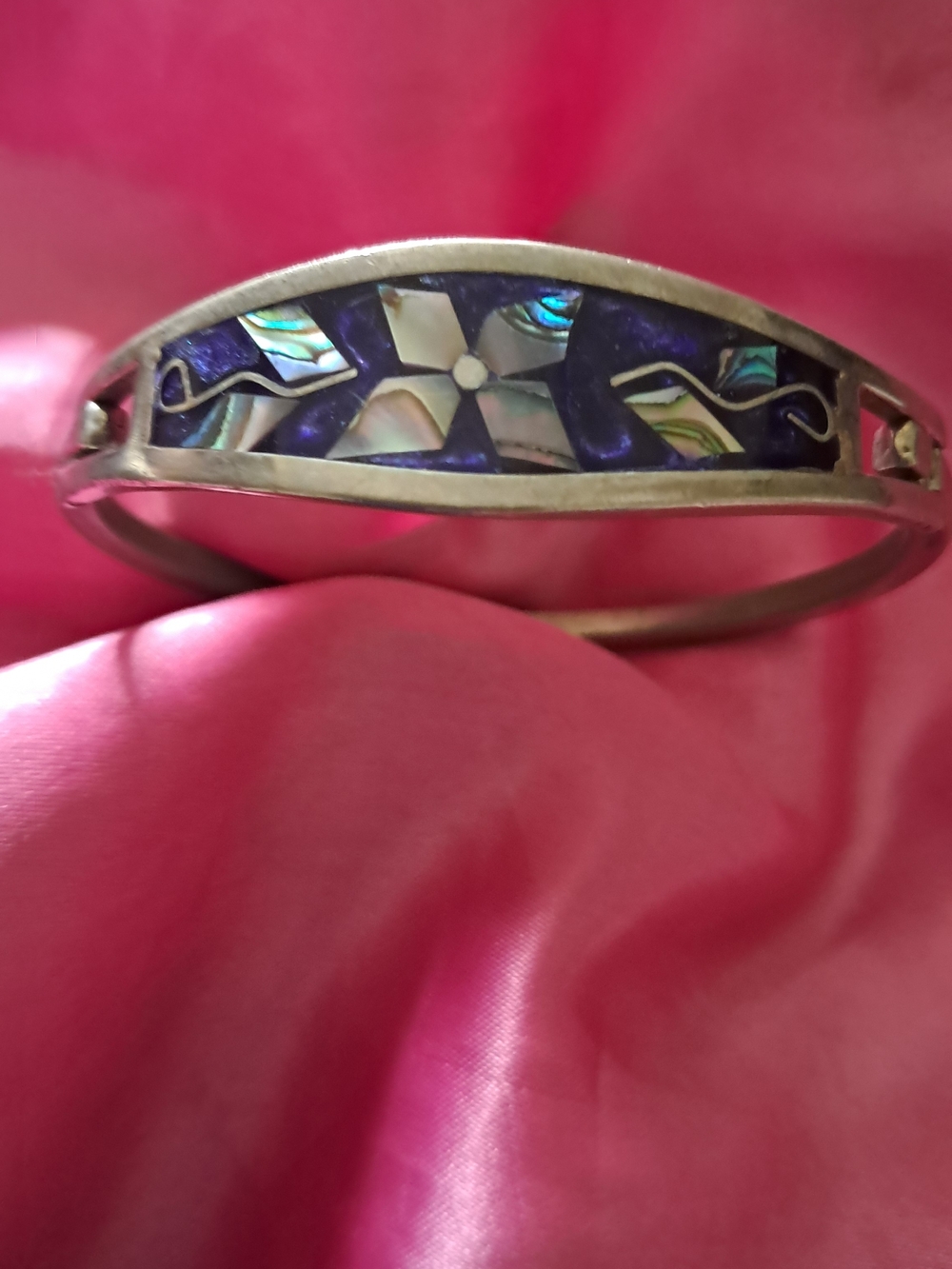 Vintage Taxco Mexico Silver Inlay Abalone Flower Bangle - Dark Blue Inlay